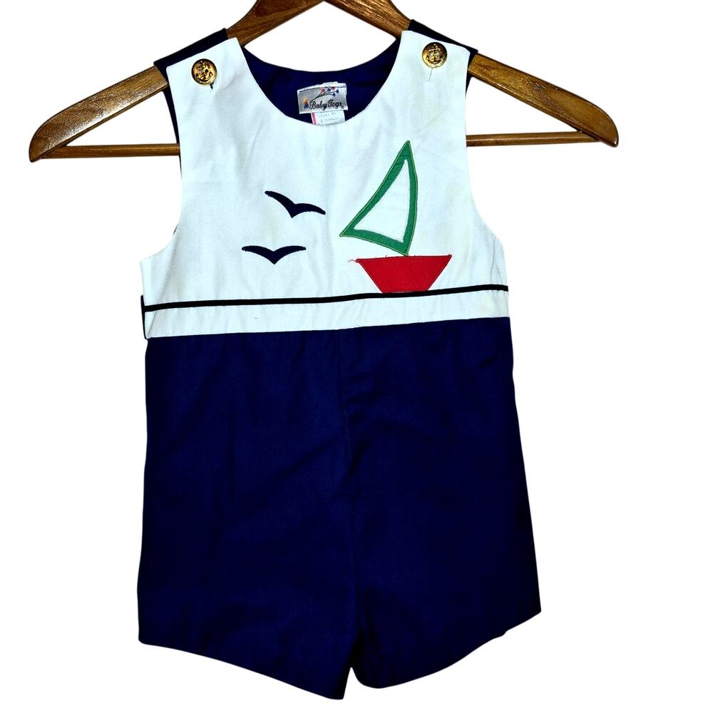Vintage Toddler Boys Nautical Sailboat Jon Jon Romper One Piece Shorts Set 4T